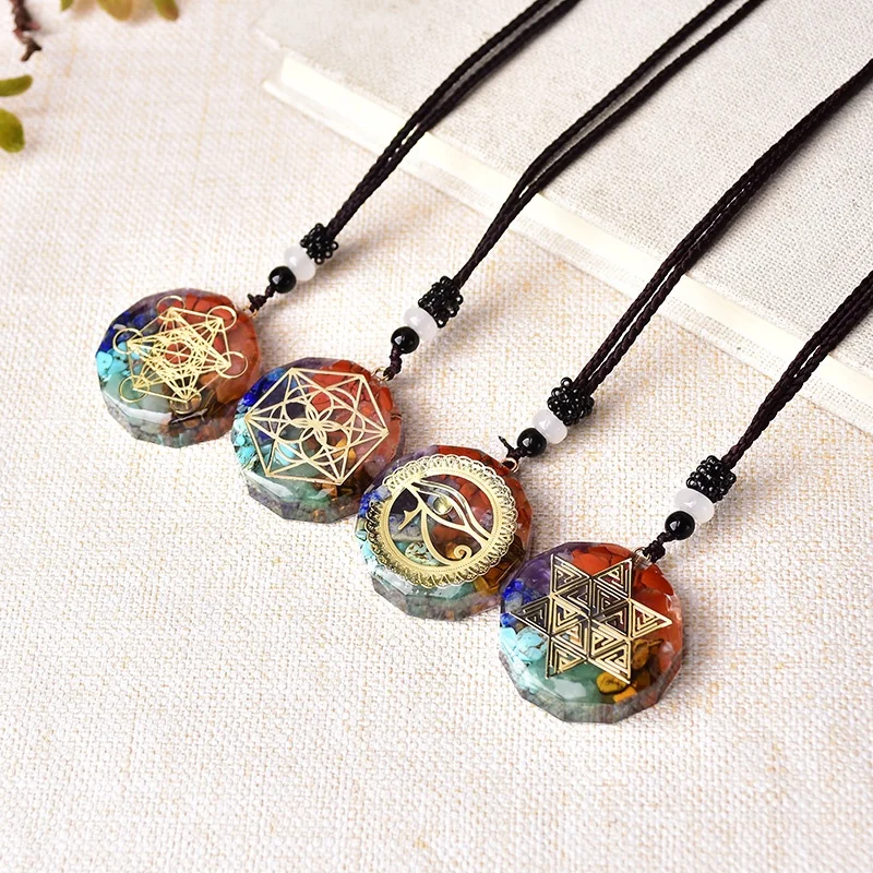 Wholesale Natural Wicca 7 Chakra Stone Bonded Meditation Energy Gemstone Resin Pendant Jewelry For Men Women Charm Necklace