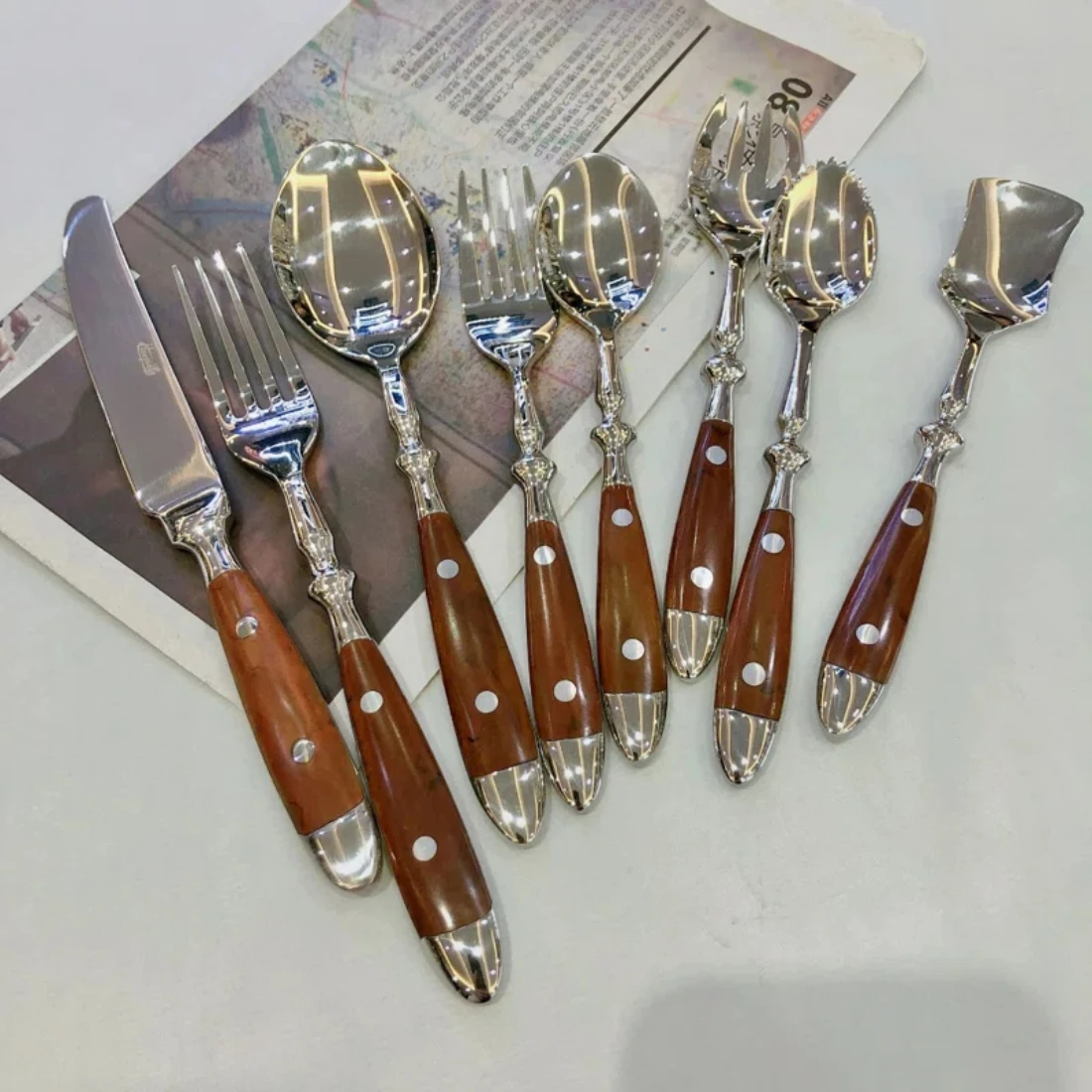 Handmade Stainless Steel Cutlery Set Metal Silverware Tableware Home Dining Food Spoon Fork Knife With Wooden Handles