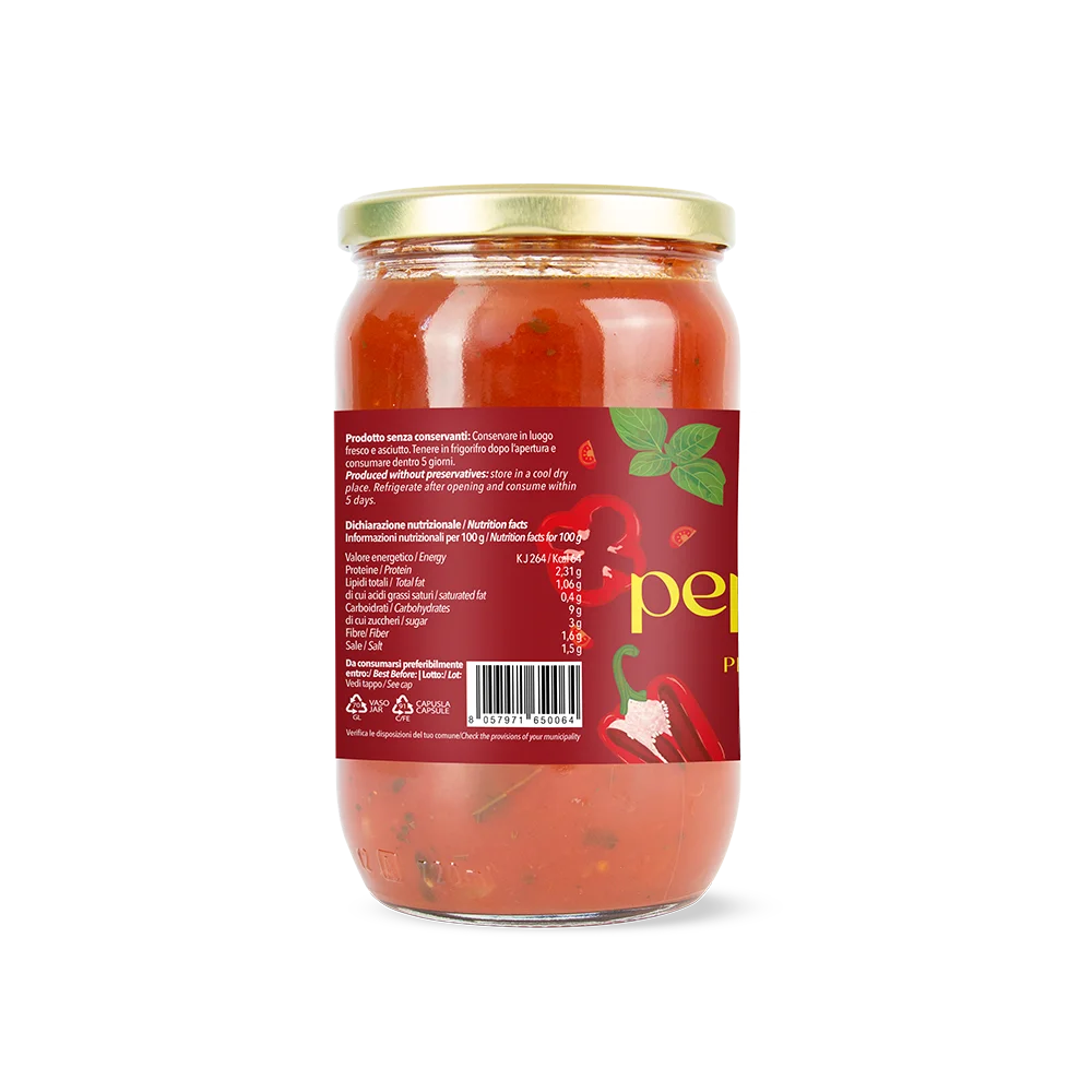 Premium Italian Tomato Sauce with Peppers, 680g Glass Jar ideal for Import or Retail
