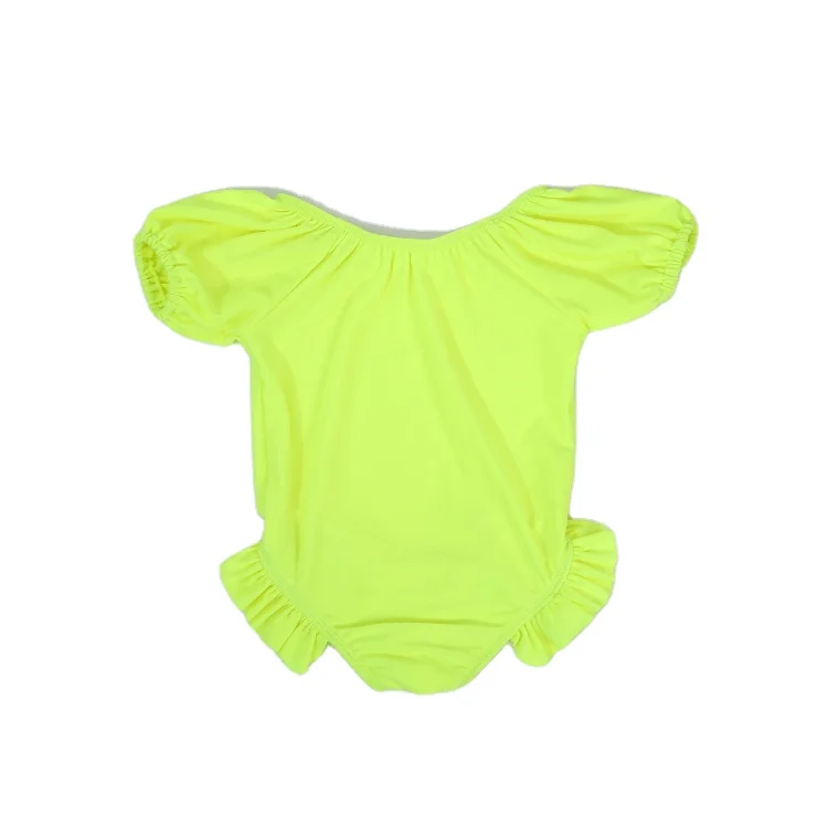 Wholesale summer kids girls jumpsuits polyester short sleeve swimwear solid fluorescent green ruffle flare swimming suit