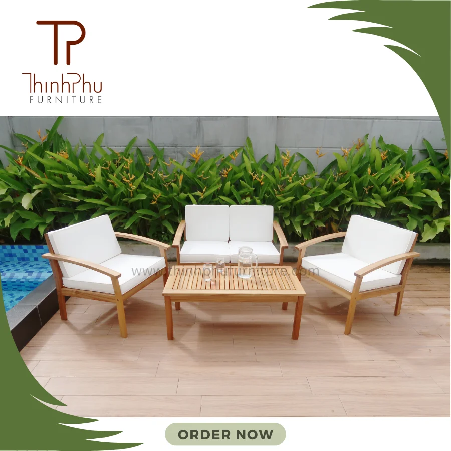 Trendy Style Outdoor Furniture Thick Cushion Sofa Coffee Table with Wood Fabric Composite Style Patio Setting Living Room Use