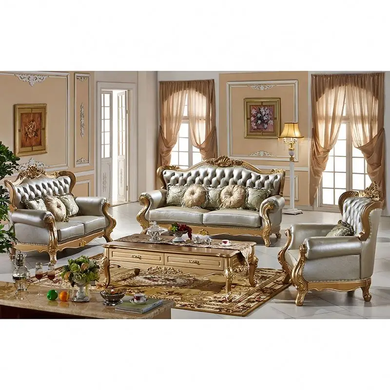 7 Seater Royal Luxury Antique Living Room Furniture Original Leather Sofa Set White And Gold Fabric Living Room Sofa Set