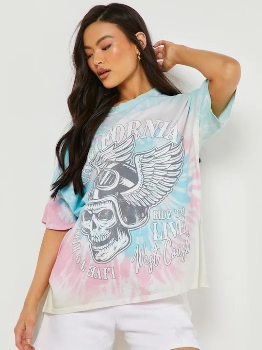 Streetwear Style Custom Logo  Skull Butterfly Pattern Tie Dye Short Sleeve Printed Pure Cotton Oversized Women T-shirt