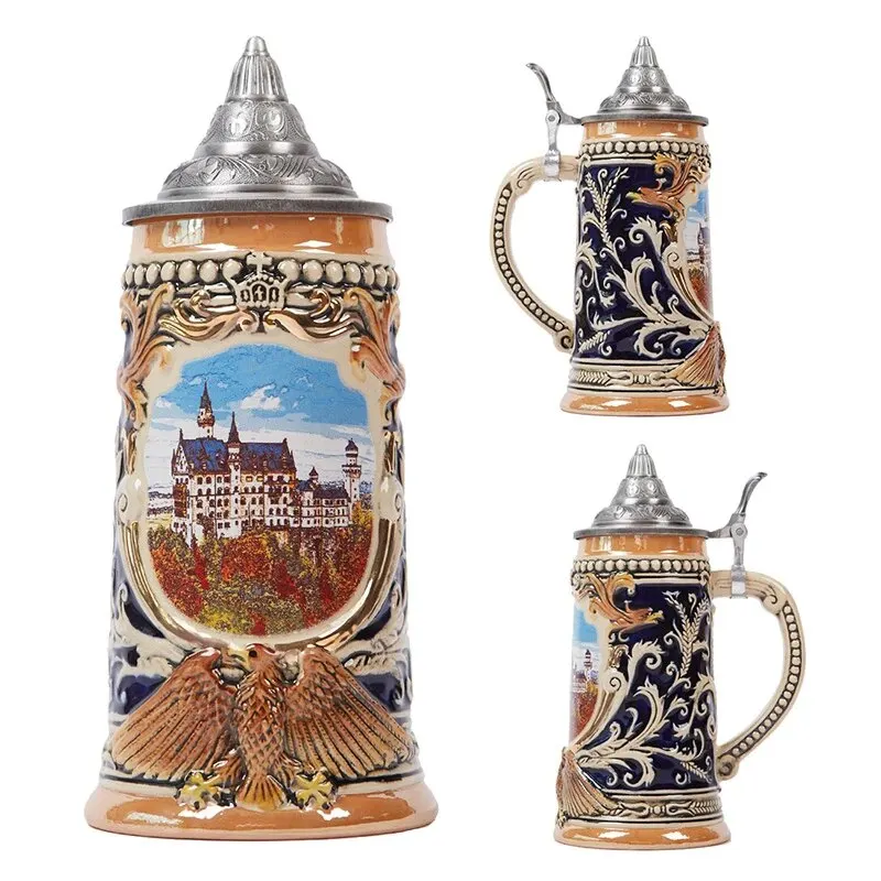 Ceramic Beer Stein Mug German Frankfurt Oktoberfest Tankard with Petwer Lid Porcelain German Beer Cup in Bulk