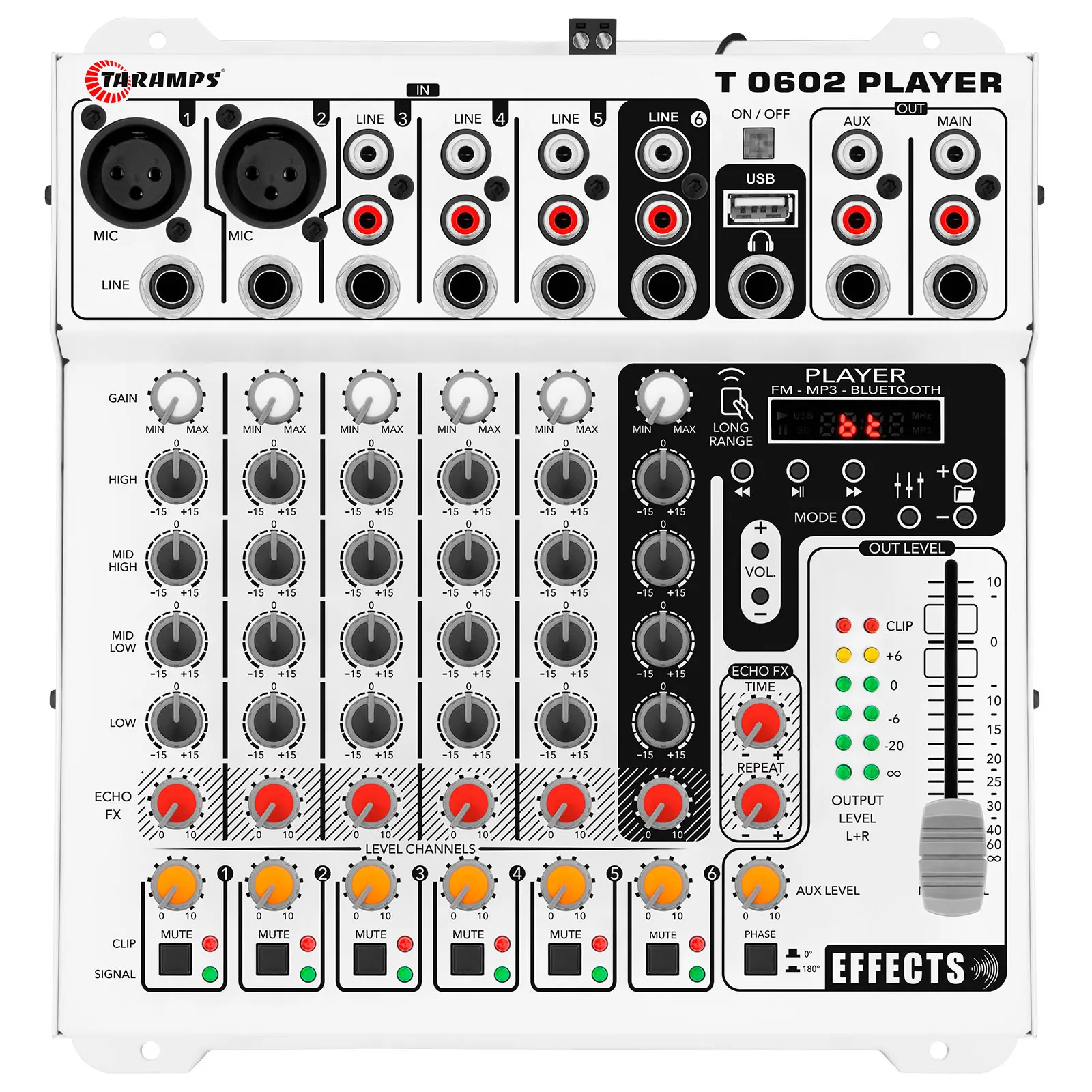 Taramps Audio Mixer T0602 Player 6 Input Channel 2 Output  Remote Control USB FM MP3 DJ Mixer Bluetooth Equalizer Effect Echo FX