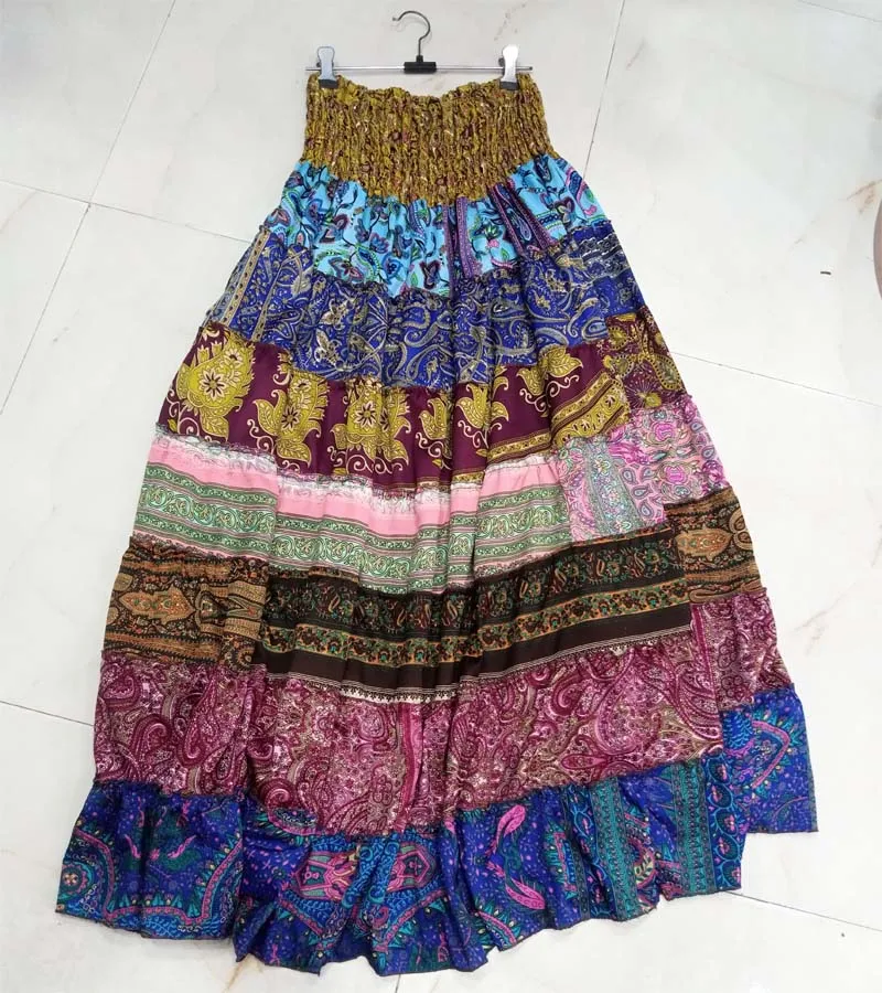 Silk Mix Indian Women New sari Long Skirt Indian falda Rock kjol boho gypsy retro Women Ethic Hippie Skirt GC-AP-847