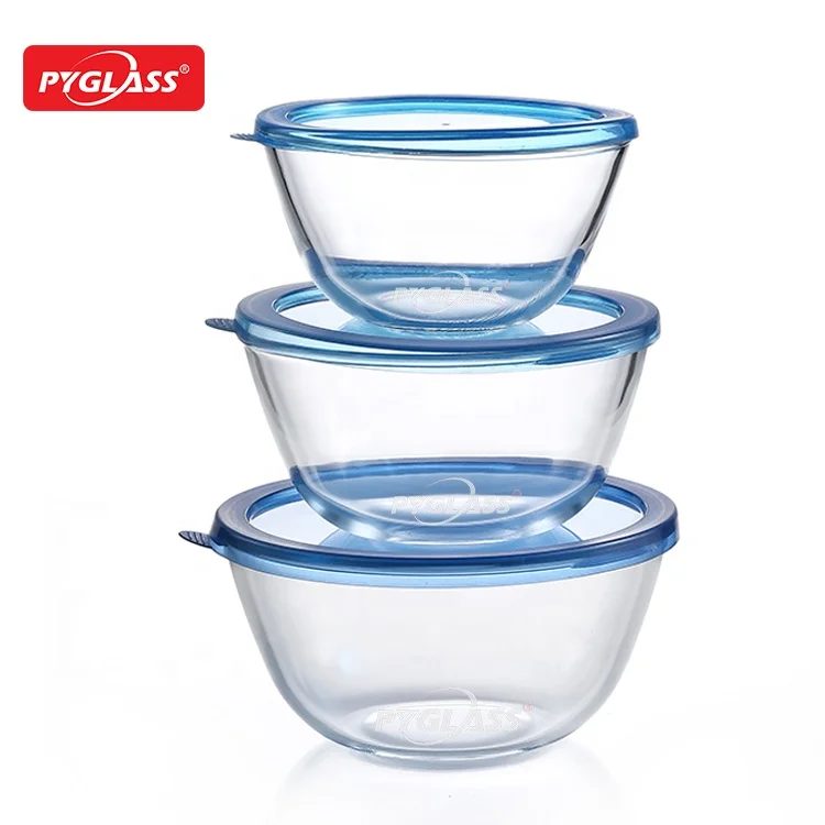 new design salad bowl set high borosilicate glass mixing bowl with PP lid