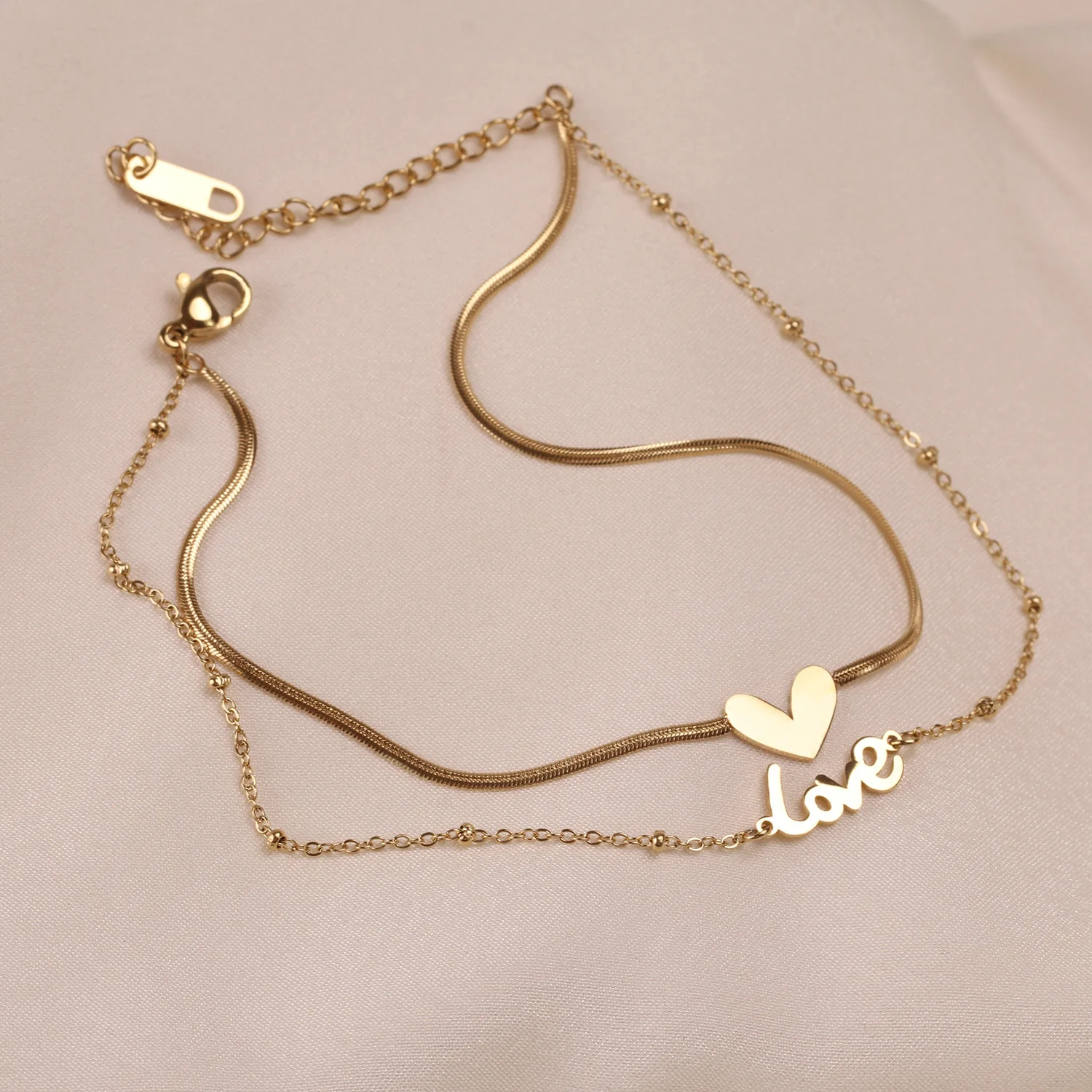 Double Layered Feet Tarnish Free Jewelry Summer Beach Anklet Heart Drop Love Letter Stainless Steel Anklet