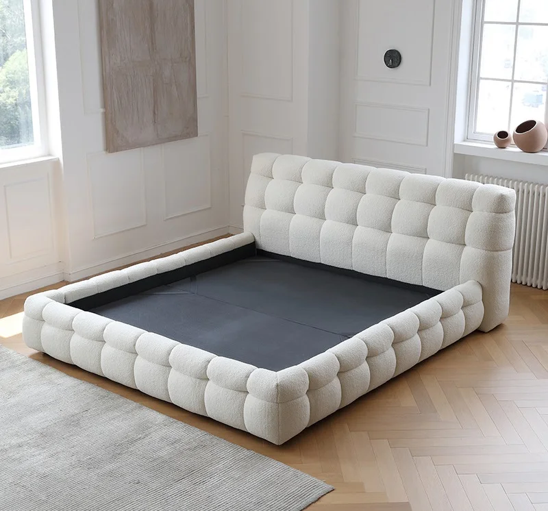hot selling cotton sugar shape boucle fabric queen size bed frame luxury upholstered bed for bedroom