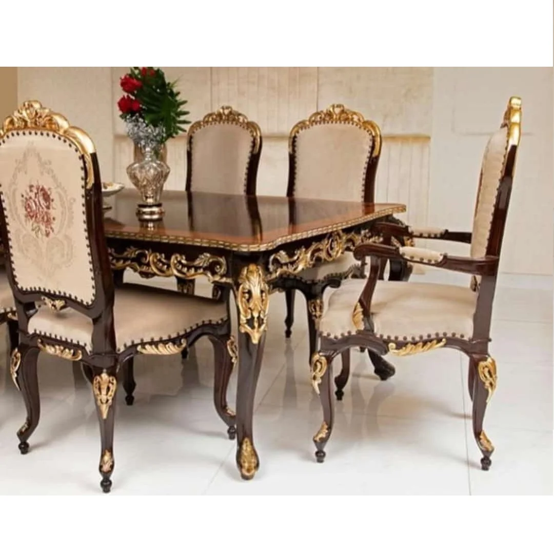 Carved Dining Table Set Luxurious Gold Finish Dining Room Set traditional Dining Table and Chair Indian Handcrafted Carved