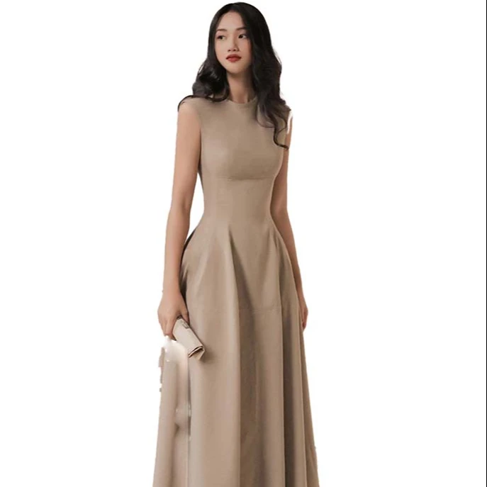 Welcome summer 2023 with new midi dresses featuring high-end design round neck slim waist sleeveless puffy chest a-line silhouet
