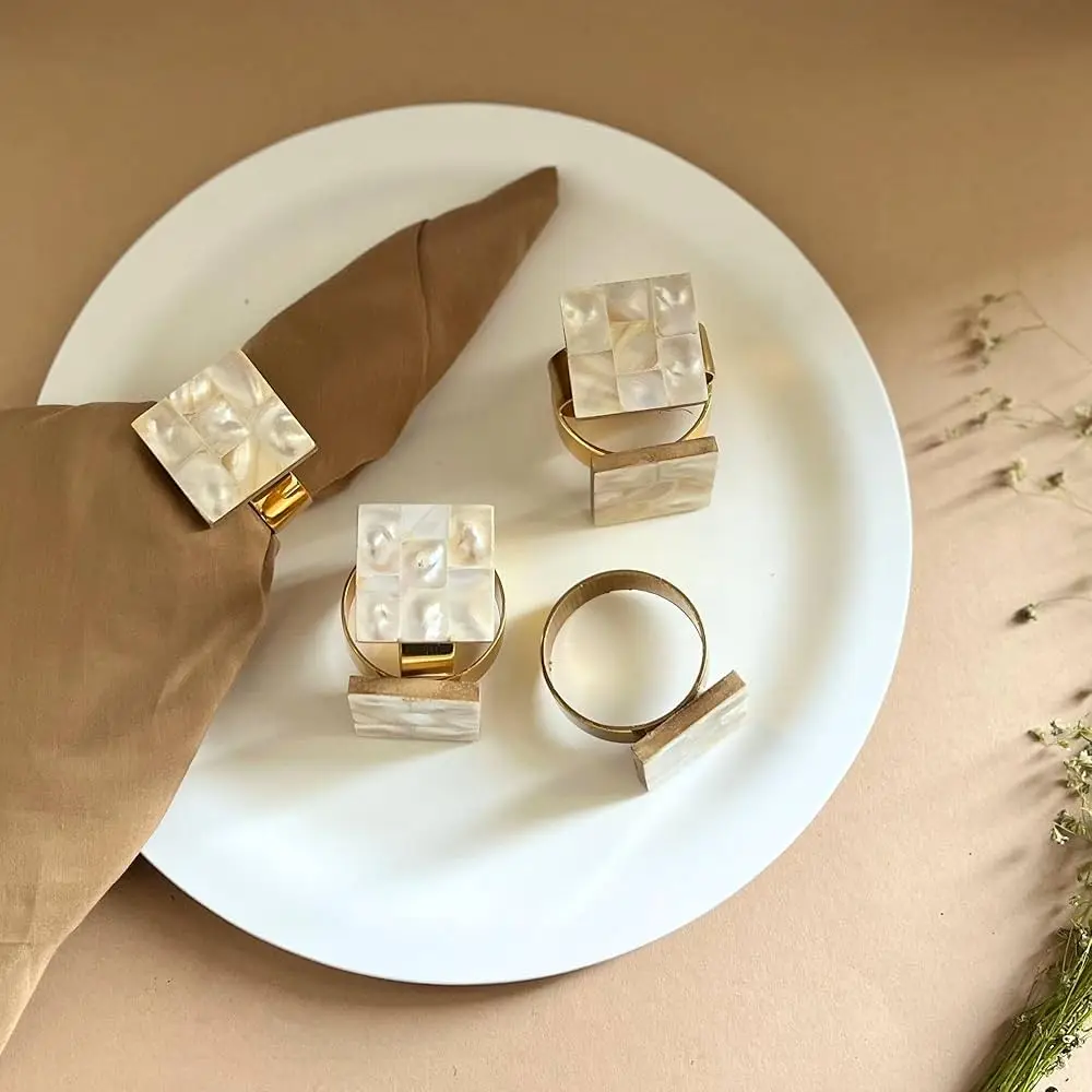 Personalized Handmade Modern Table Napkin Rings Customized Luxury Mother of Pearl and Brass Napkin Rings Available from India