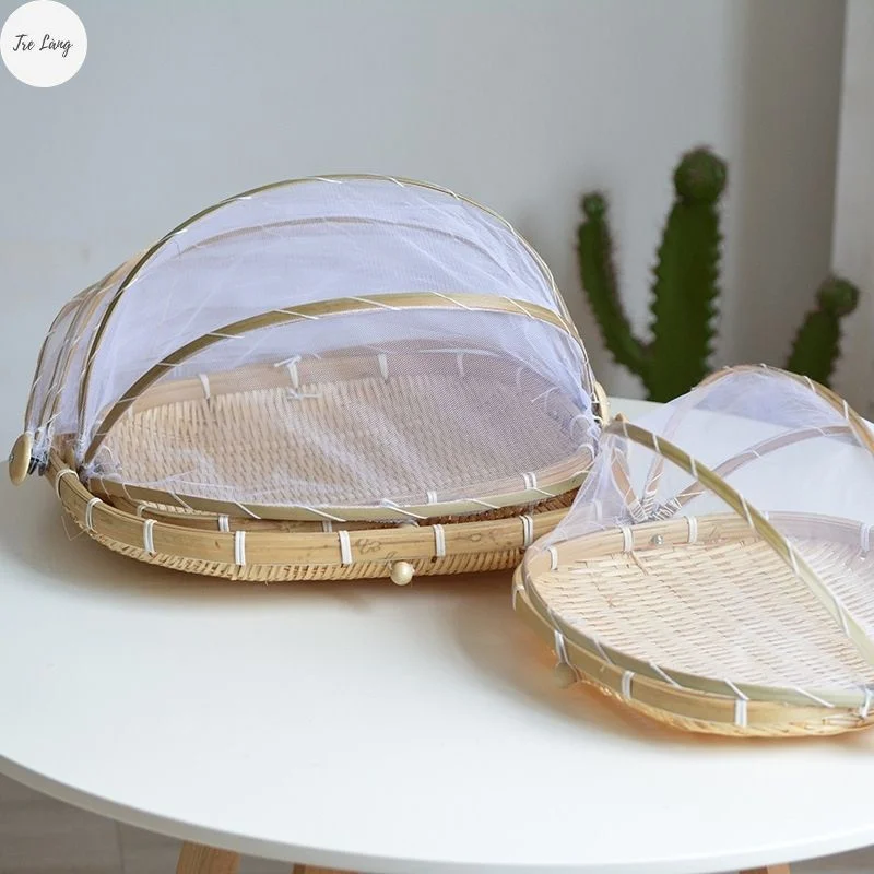Bamboo Tent Basket Hand Woven Tray Anti Bug Food Fruit Container Mesh Cover Style For Food Cover Anti Fly Meal with Cover