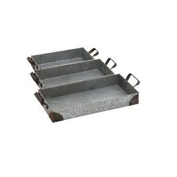 Set of Two Rustic Silver Galvanized Metal Decorative Serving Tray With Mango Wood Handles Galvanized Rectangular Tray