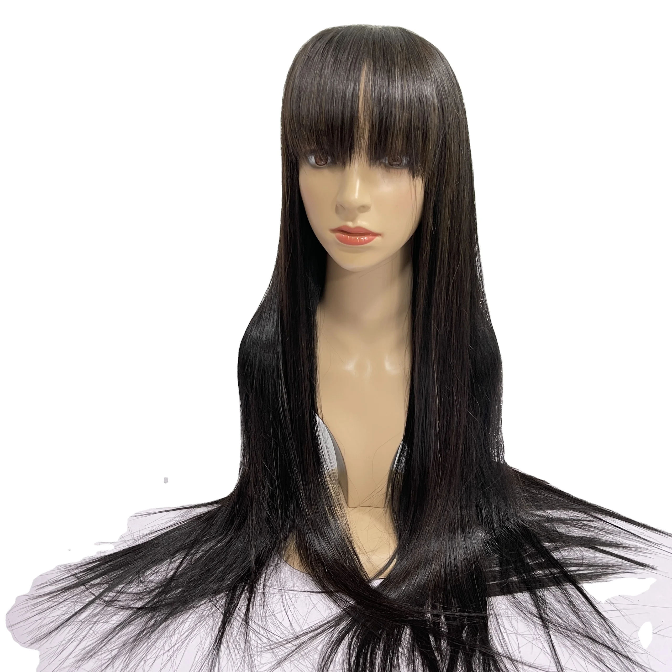 100% REAL HUMAN HAIR Straight Bones, Wig With Front Bangs