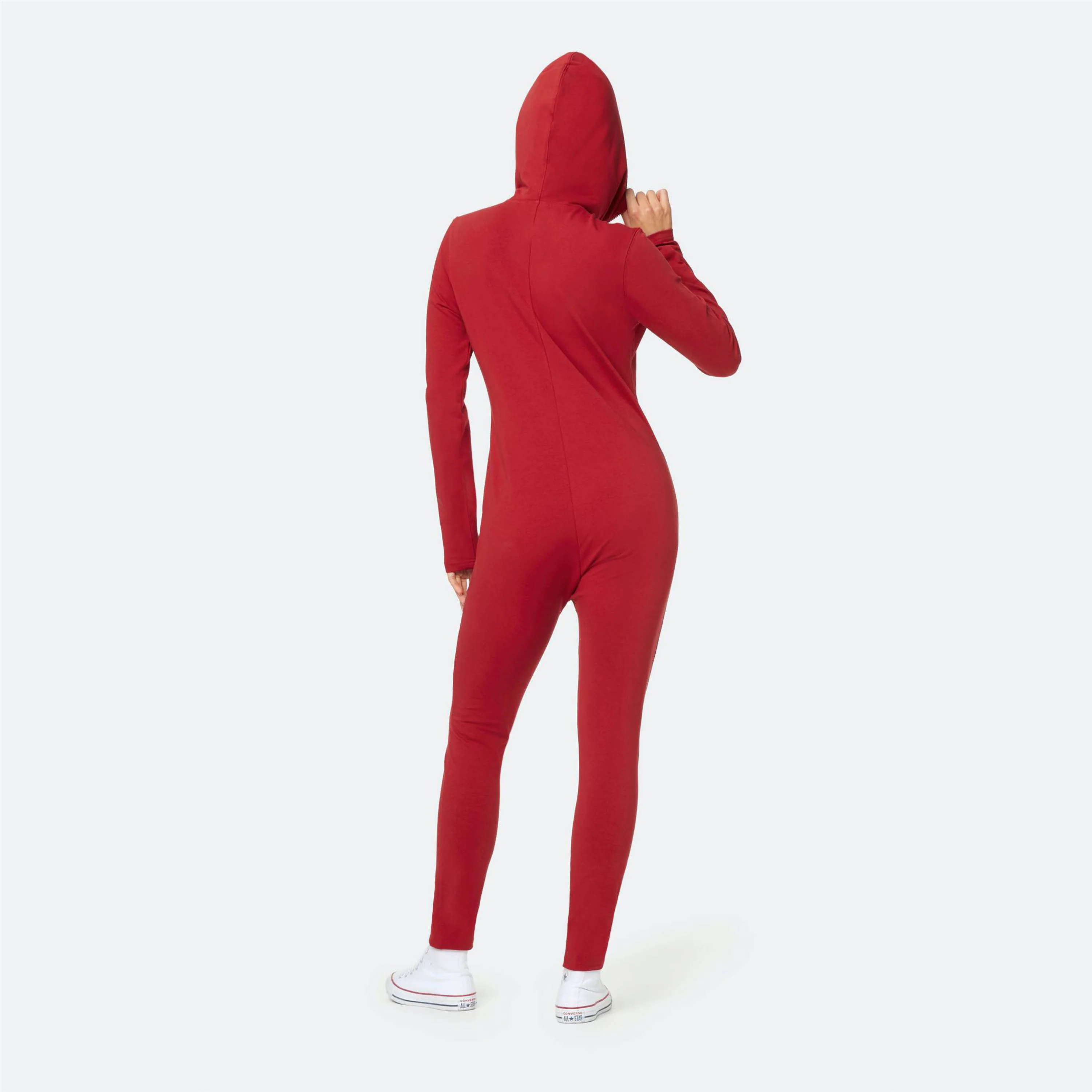 93% Cotton 7% Elastane One Way Zipper Opening Front Kangaroo Pocket Red Women Original Fitted Onesie Slim Jumpsuit
