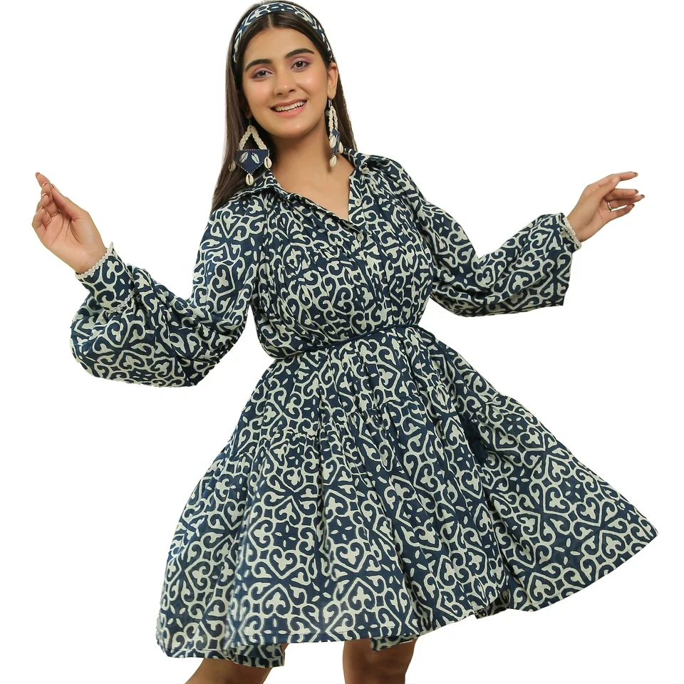 Denim Blue Printed Collared Skater Dress New Arrival Trending Design Women One Piece Mini Dress For Women & Girls At Low Price