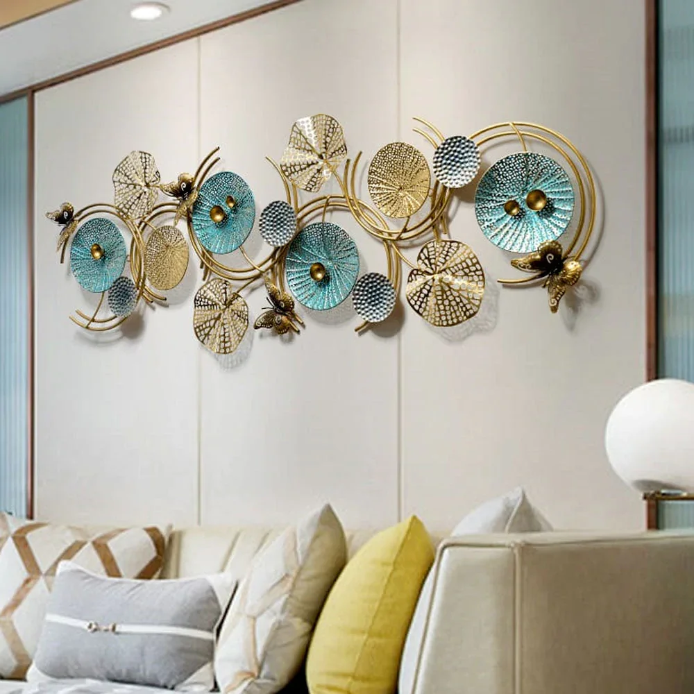 Modern Metal Wall Art Decor Round Shell Textured Golden & Blue Abstract Metal Wall Art