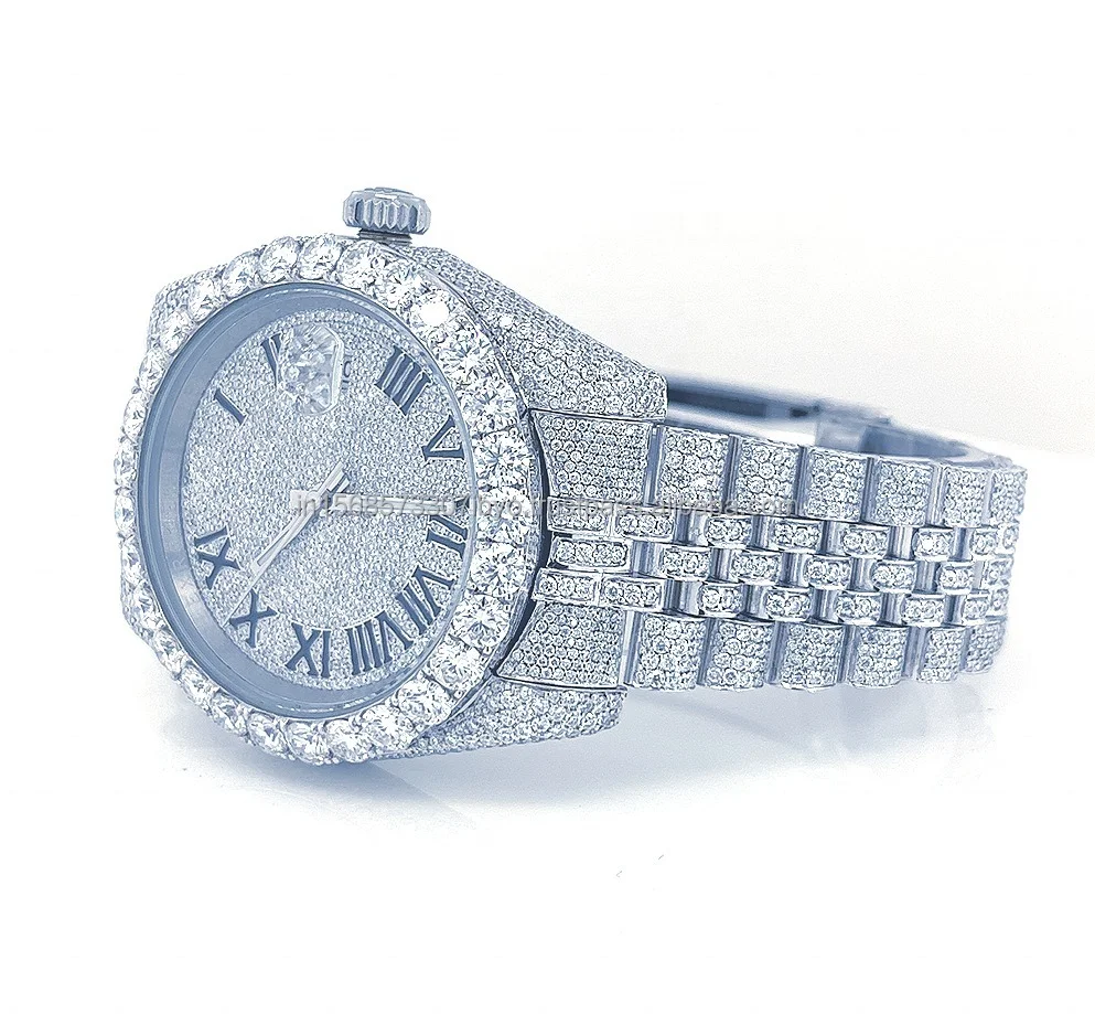 Luxury Automatic Watch Fully Iced VVS Clarity Moissanite Diamond Stainless Steel Roman dial mechanical calender branded watch