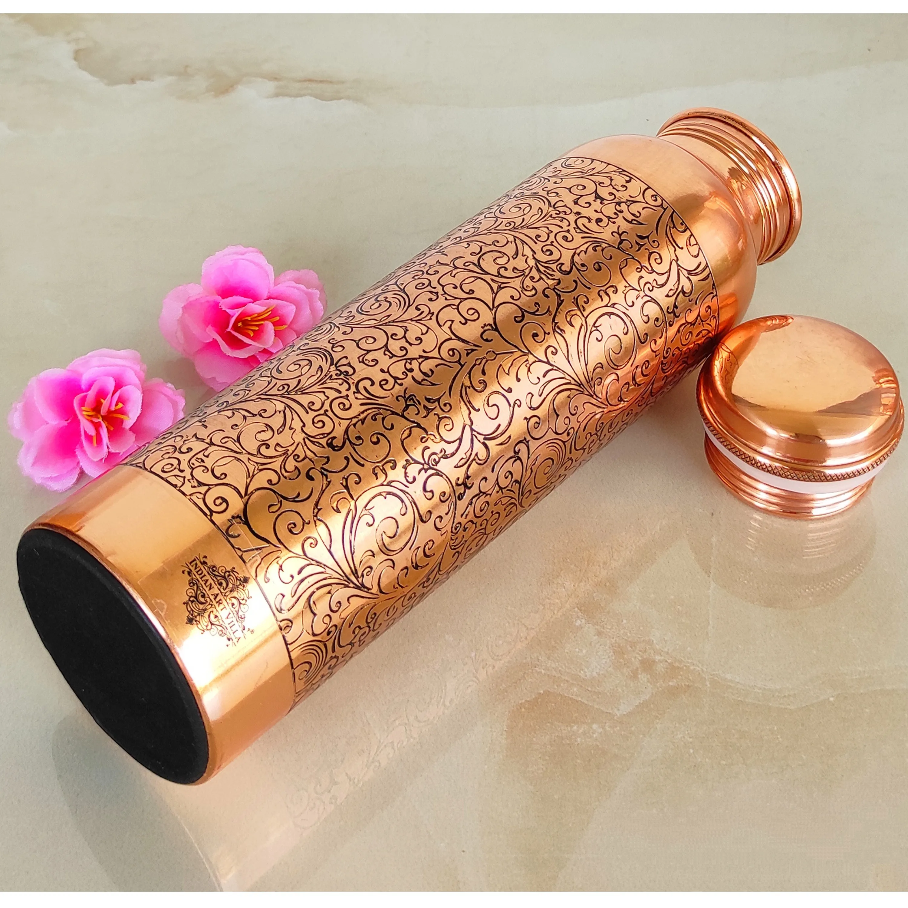 Indian Art Villa Pure Copper Water Bottle With Embossed Design, Drinkware & Storage Purpose, Ayurvedic Health Benefits, 1000 ML