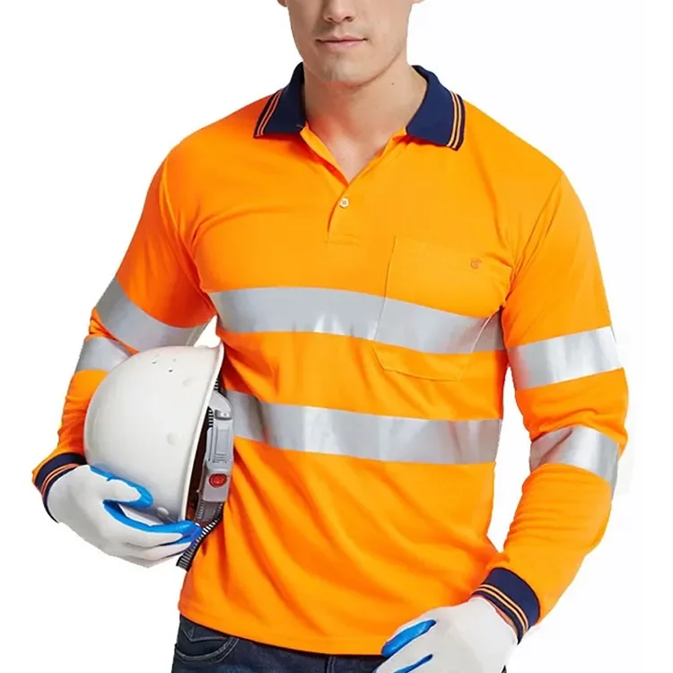 Custom Men Industrial Security Workwear Shirts Long Sleeve Hi Vis Cotton Construction Safety Works Shirt Reflective