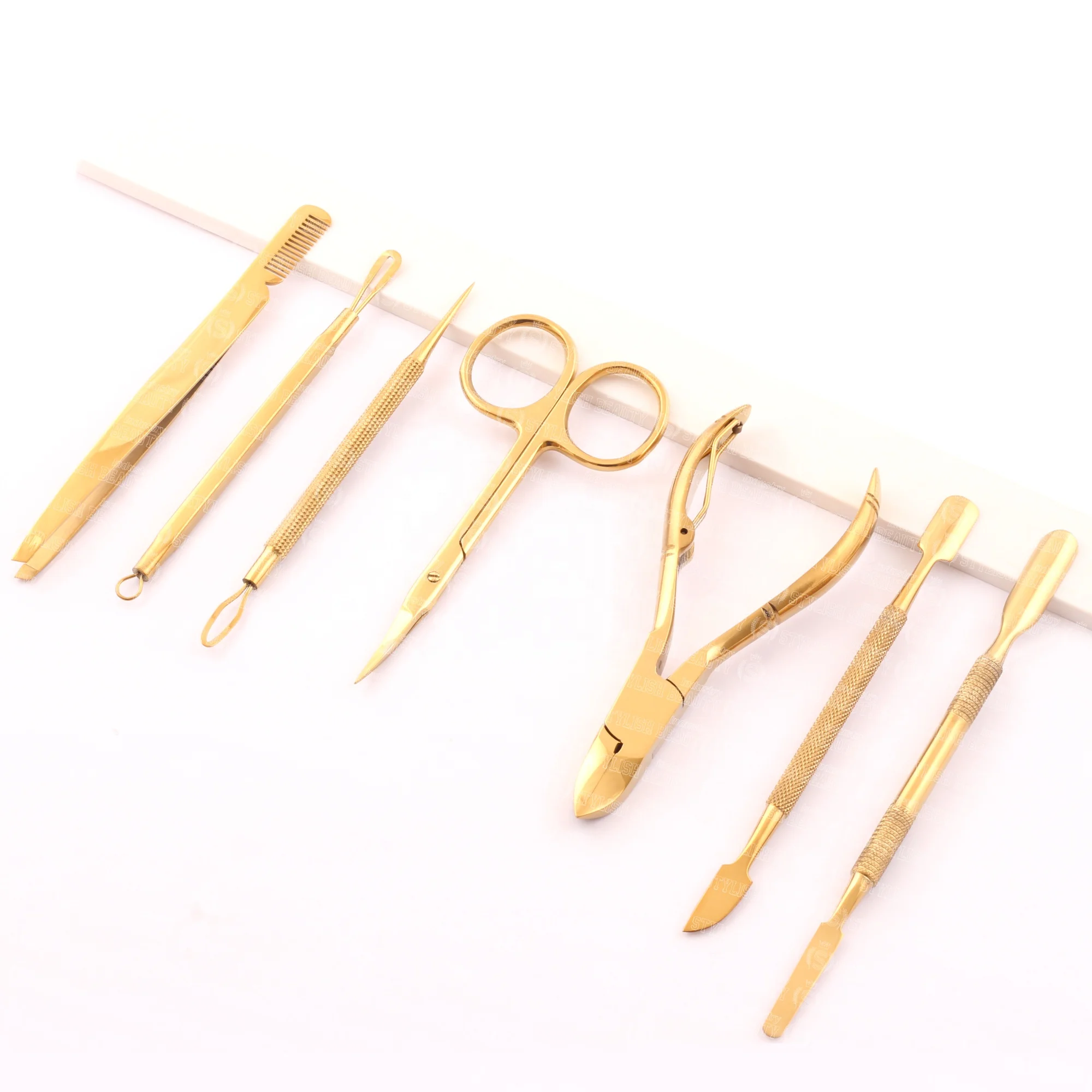 Pure Stainless Steel High Accuracy Eyebrow Tweezer With Comb Nipper Cutter Pusher In Titanium Gold Customized Design