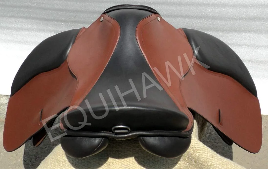 CUSTOM DESIGN LEATHER HORSE JUMPING SADDLE WITH CONTRAST SOFTY LEATHER COLOR MADE ON PLASTIC TREE WITH DETACHABLE KNEE ROLL