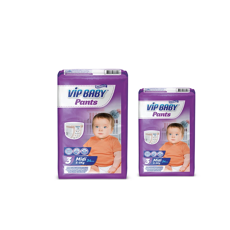 Водонепроницаемый 5-9 кг 34 шт. VIP детские Брюки Подгузники супер поглощающие миди детские подгузники по оптовой цене