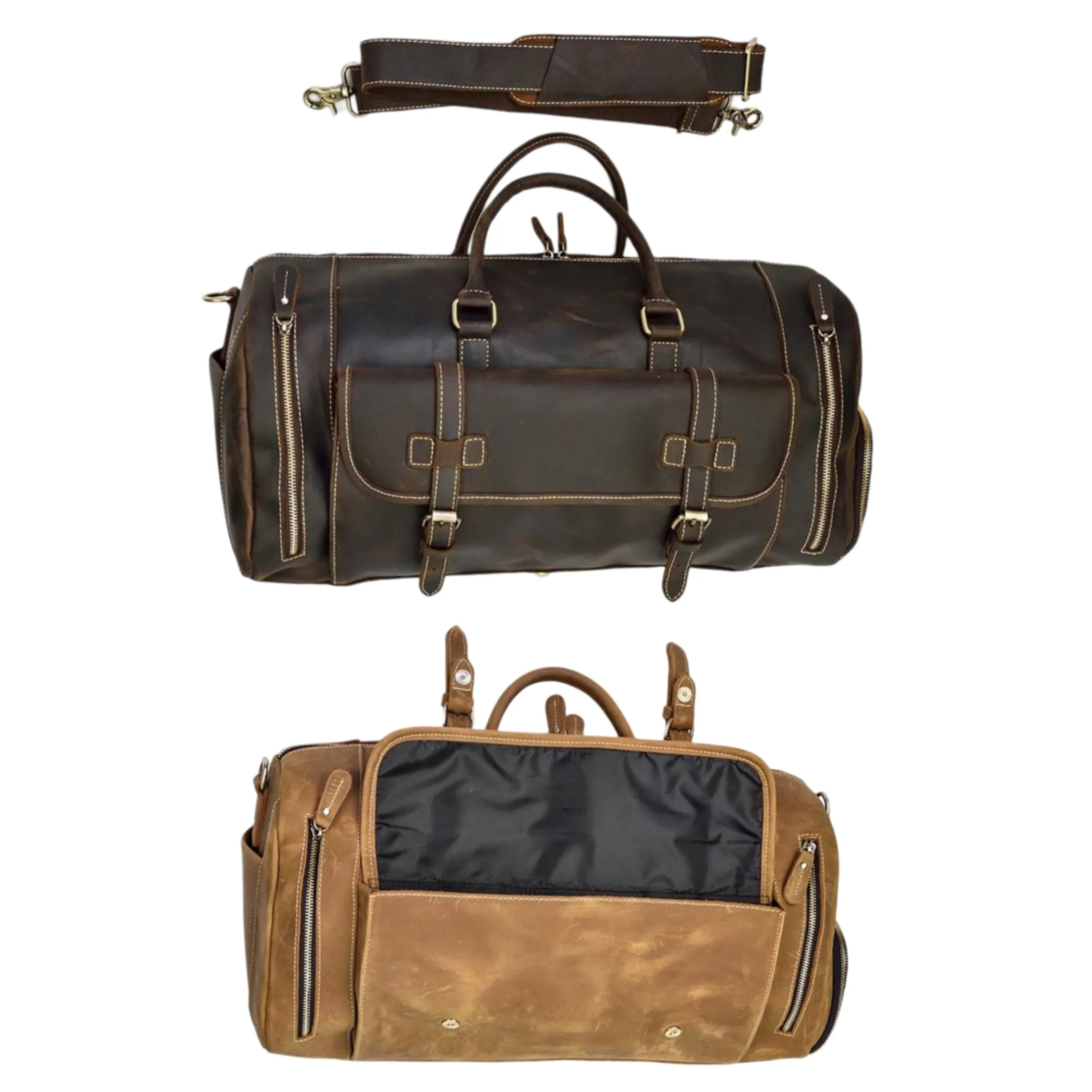 High-End Crazy Horse Genuine Leather Duffel Bag YKK Zipper Multiple Pockets Shoe Compartment Weekender Business Trips Gym Use