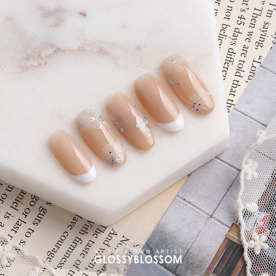 ShineB PARADISE WITH WIND nail stickers See-through White Flower Butterfly with Gold Hologram Line nail design Korea oem odm