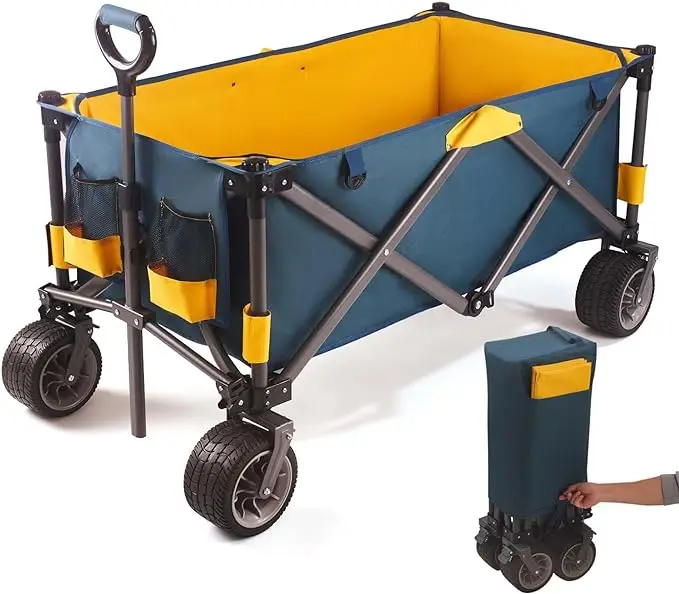 THCW10103 - Extra Large Folding Wagon Cart All-Terrain Wheels with Brake, Adjustable Handle for Picnic, Camping, Fishing, Yellow