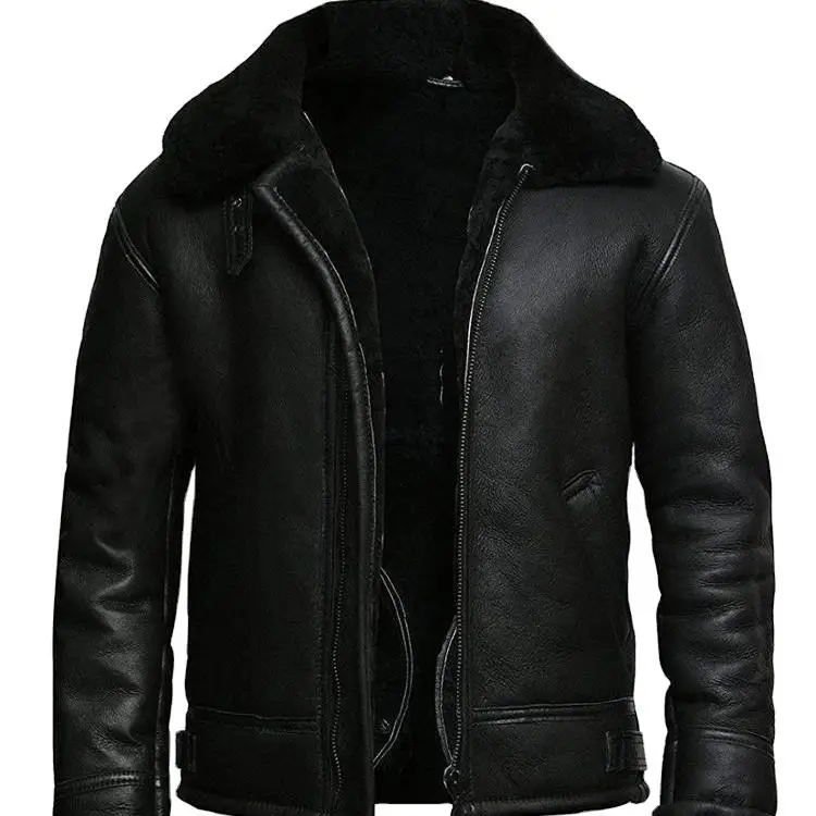 OEM Real Leather Sheepskin Aniline Zipper  Men Biker Jacket with Quilted Viscose Lining and Inside Pockets