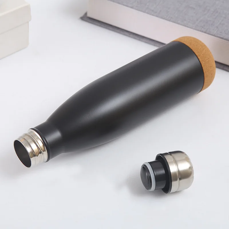 500ml Cork Water Bottle Silent Anti-slip Cola Shaped Vacuum 12oz 16oz Stainless Steel with Cork Bottom Base Wood Coffee Tumbler