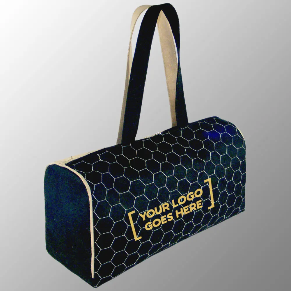 jute cotton handbag with fancy quilting design black color huco ladies lifestyle hand bag with one color artwork print for free