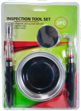 3pc Inspection Tool Set With Magnetic Tray, Telescopic Inspection Mirror with Rubber Handle and Magnetic Pick up tool with LED
