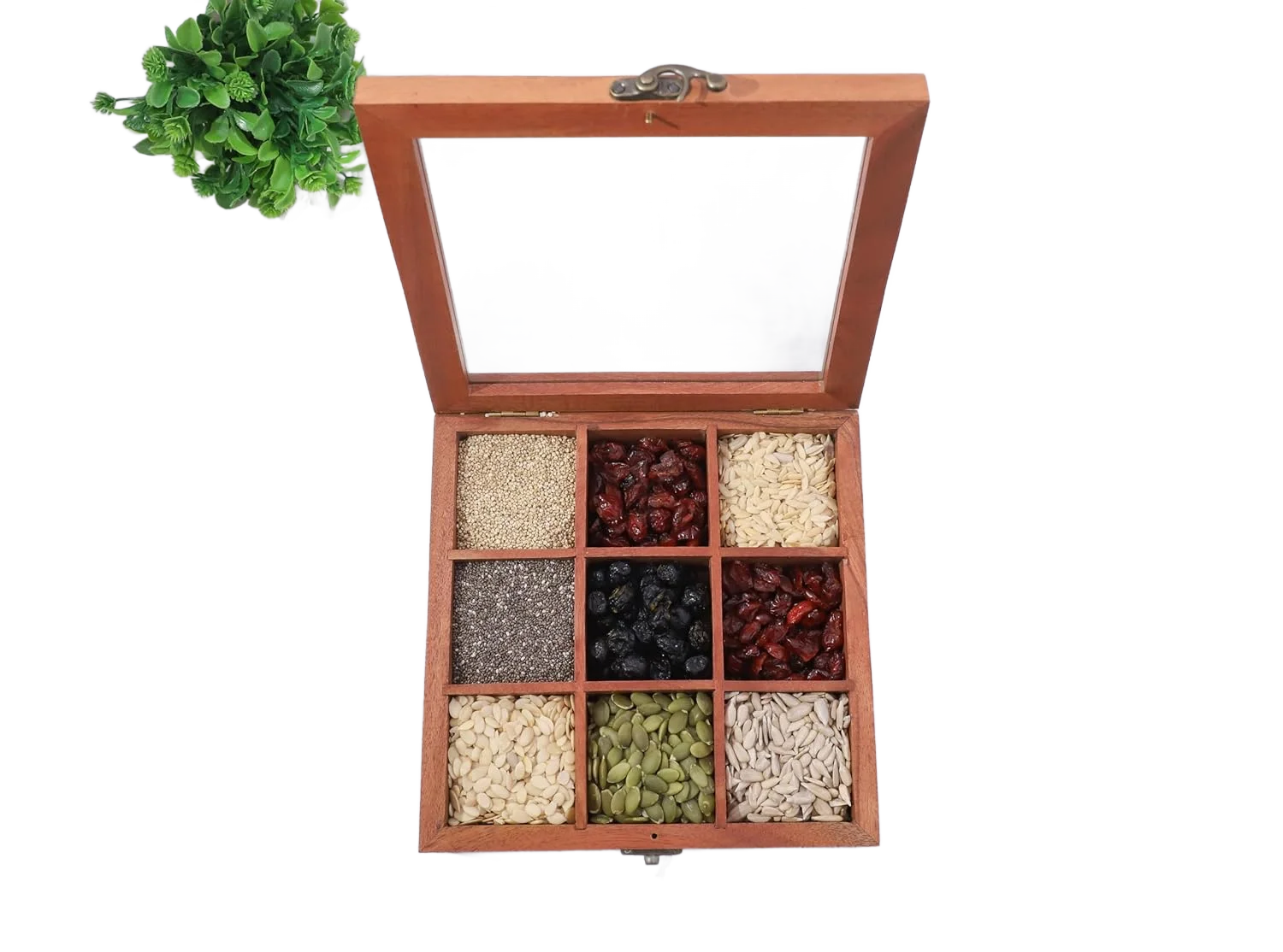 printed Round Wooden Spices Box of 7 brass Containers - High-Quality Spice Storage box for Kitchen