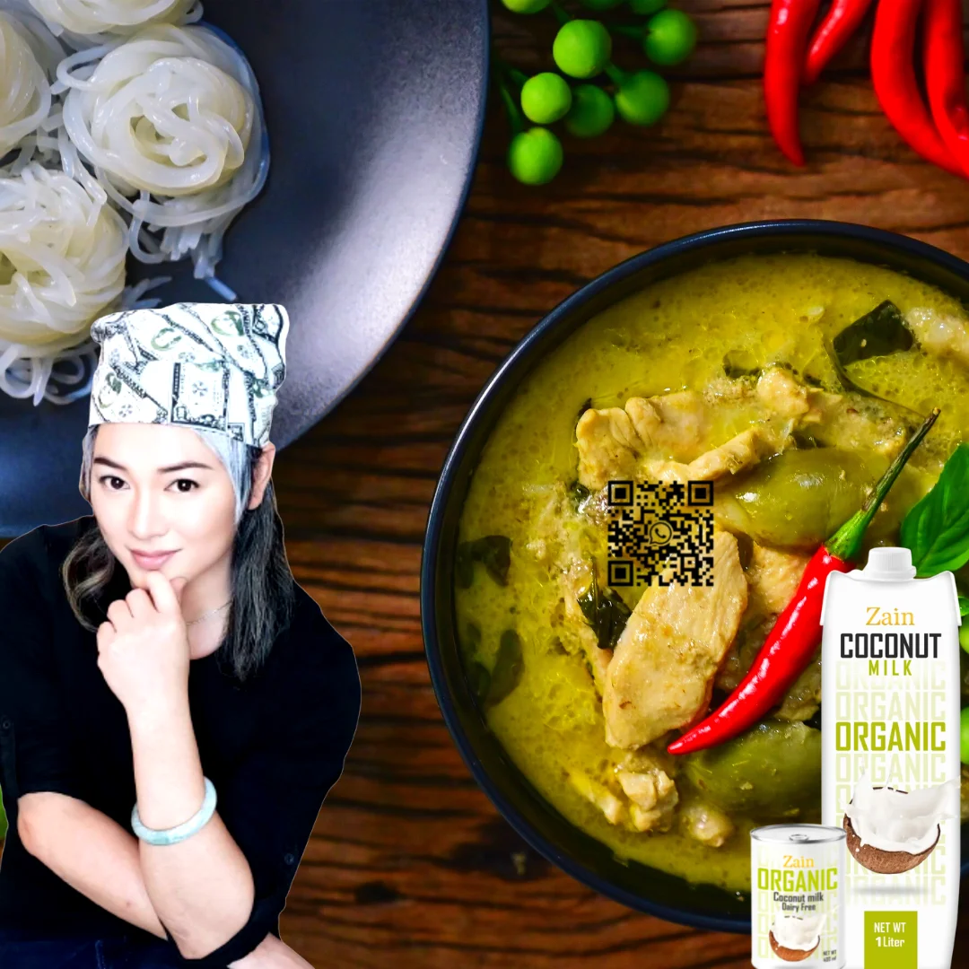 Ajintai Zen Canned Green Curry Chicken Brest Wing Ham spicy Thai herbal  fine food Menu with Zain  Organic Coconut milk cooking