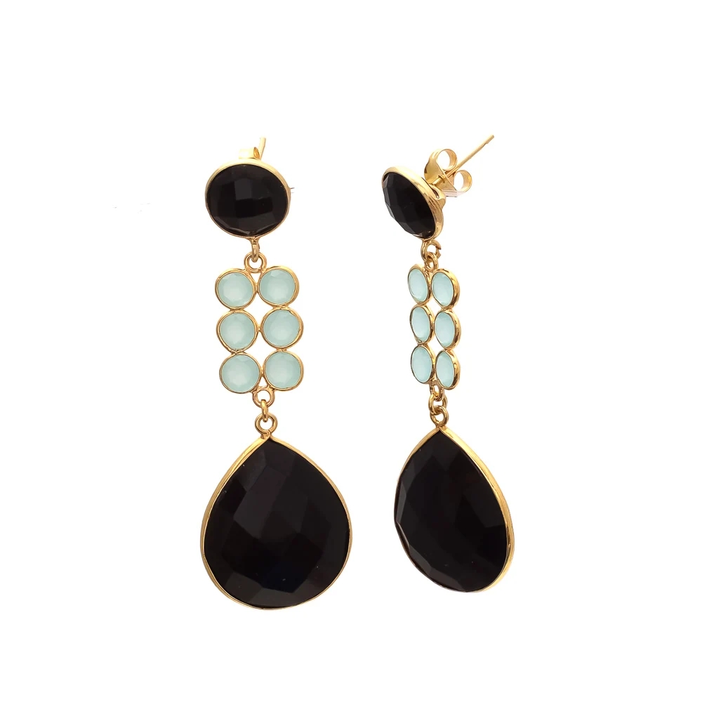 Brass Earrings Aqua Chalcedony & Black Onyx Attractive Gemstone Brass Earrings
