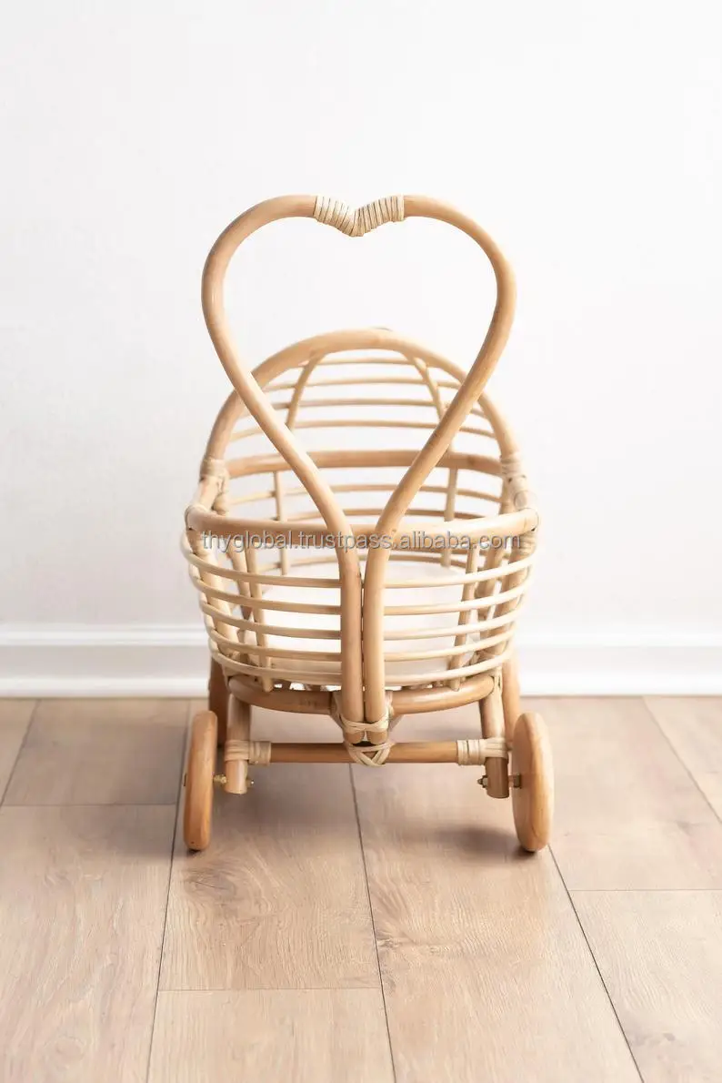 Wholesales home decor natural rattan trolley for toy baby doll carriage rattan stroller with cheap price for christmas event