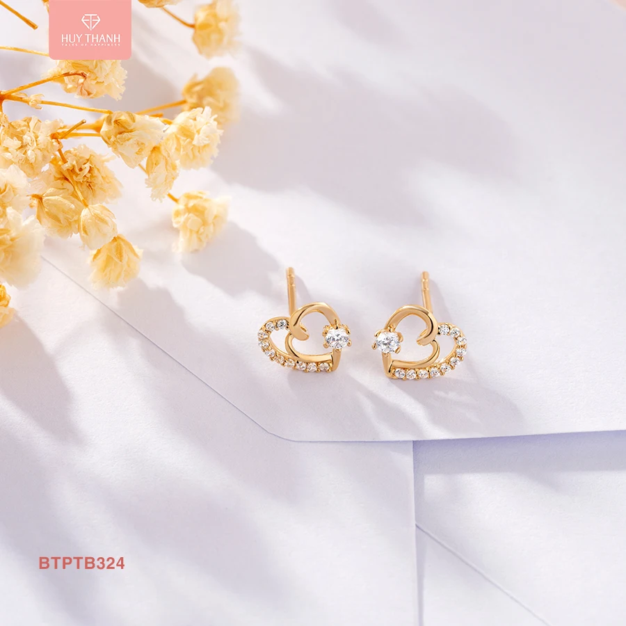 New Trendy Romantic 14K Real Gold Double Heart Stud Earrings with CZ Stone Fine Jewelry Earrings Gold Wholesale BTPTB324