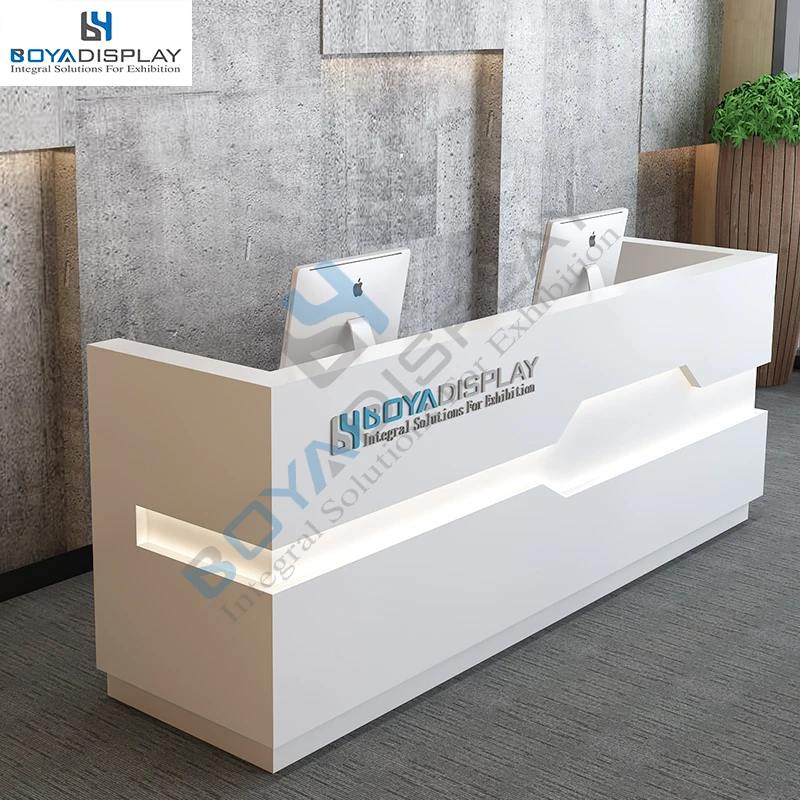 Custom White Glossy Acrylic Solid Surface Front Led Light Reception Desk Salon Front Desk