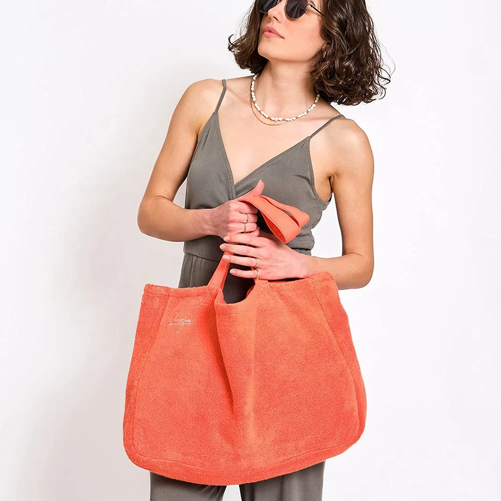 Women Large capacity 100% cotton terry cloth toweling tote bag towel beach bag