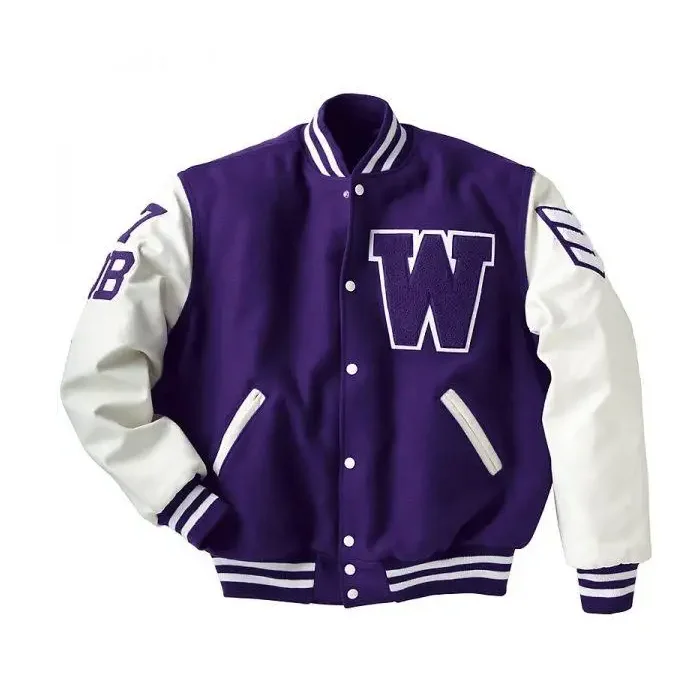 Men Custom Purple Button Up Leather Sleeve Chenille Patches Baseball Jacket New Design Street Wear Letterman Varsity Jacket