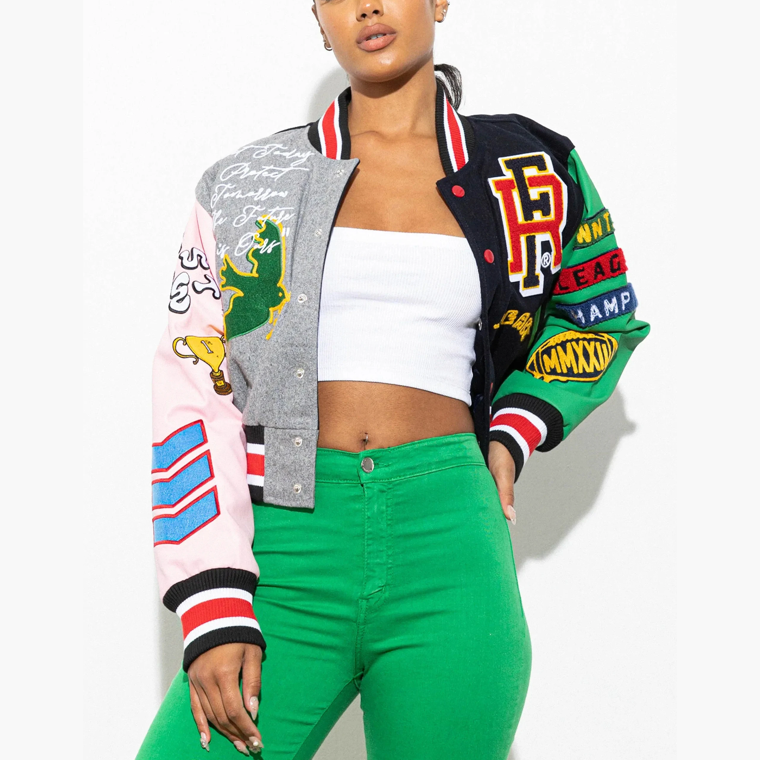 Plus Size Breathable Women Cropped Varsity Jacket Custom Logo Embroidered Leather Sleeve Crop Women Letterman Baseball Jackets