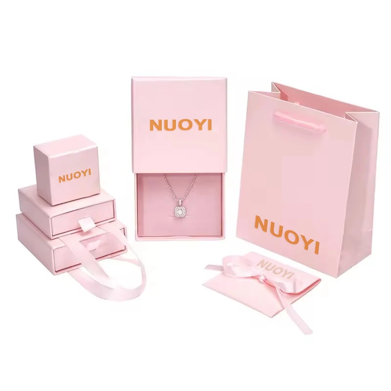 Custom Printed Pink Jewelry Box With Paper Bag Personalized Logo Packaging Drawer Cardboard Box And Microfiber Jewelry Pouch Bag