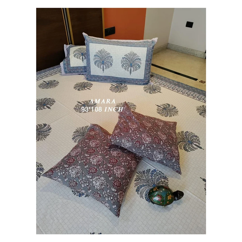 AMBS048 Latest Premium Collection  Amara & Masakali 93x108 With 2 Hand Block Cushion Covers Premium Queen Size Bed Sheets