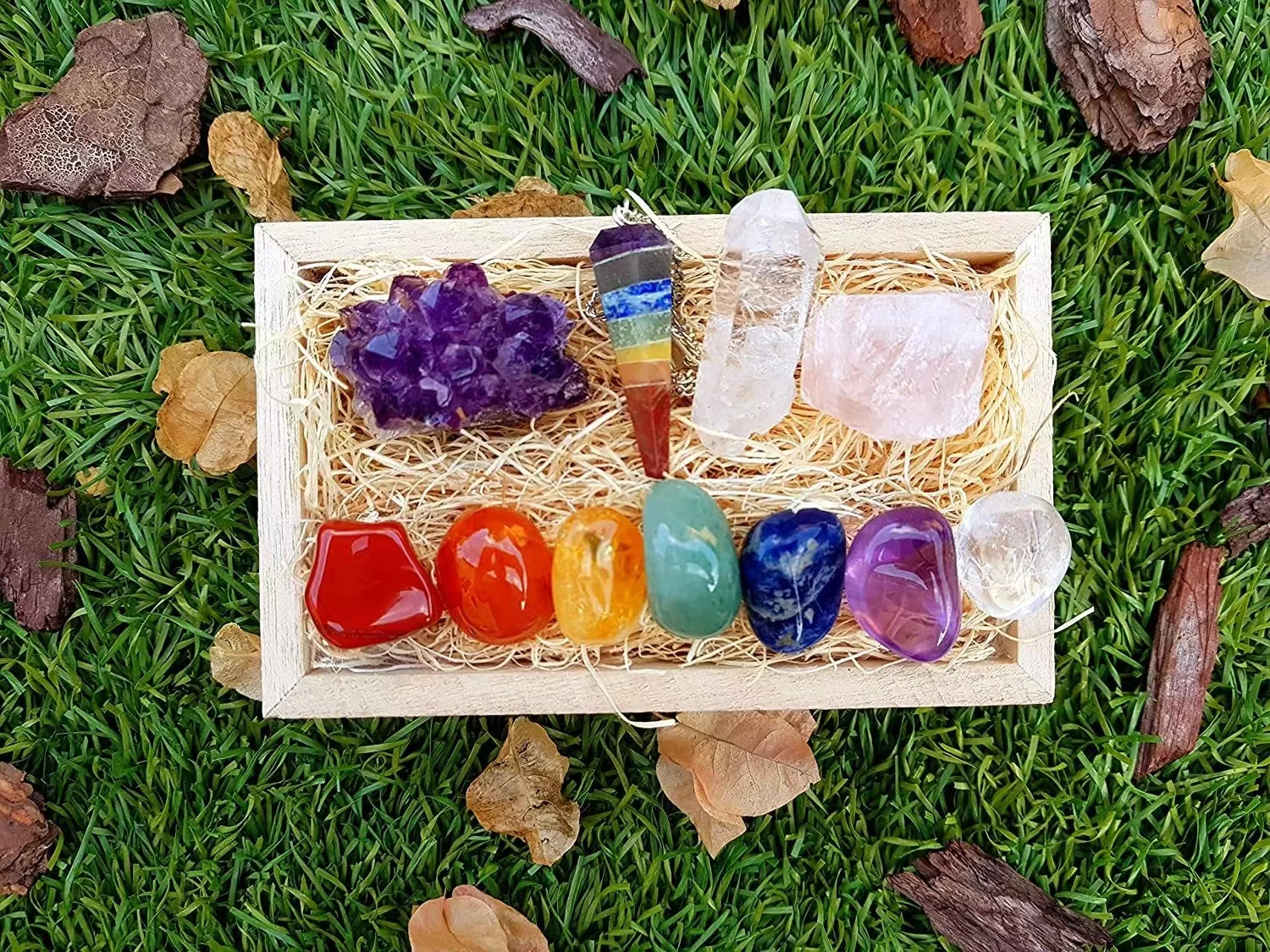 Semi-Precious Stone Crafts Premium Crystals and Healing Stones Premium Kit in Wooden Box 7 Chakra Stones Healing Set Gift Ready