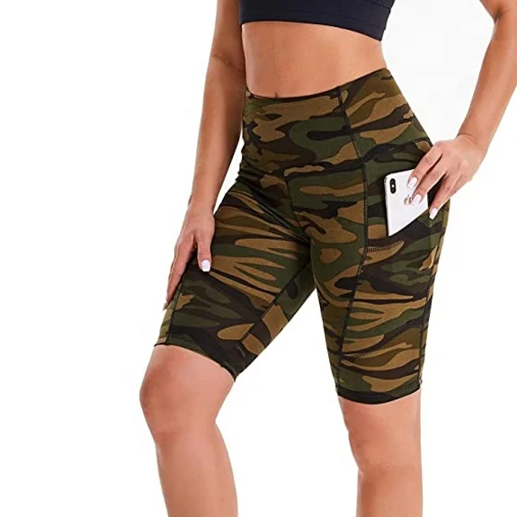 Wholesale Women Running Camo Printed Yoga Leggings With Pocket Spandex Sports High Waist Yoga Biker Shorts