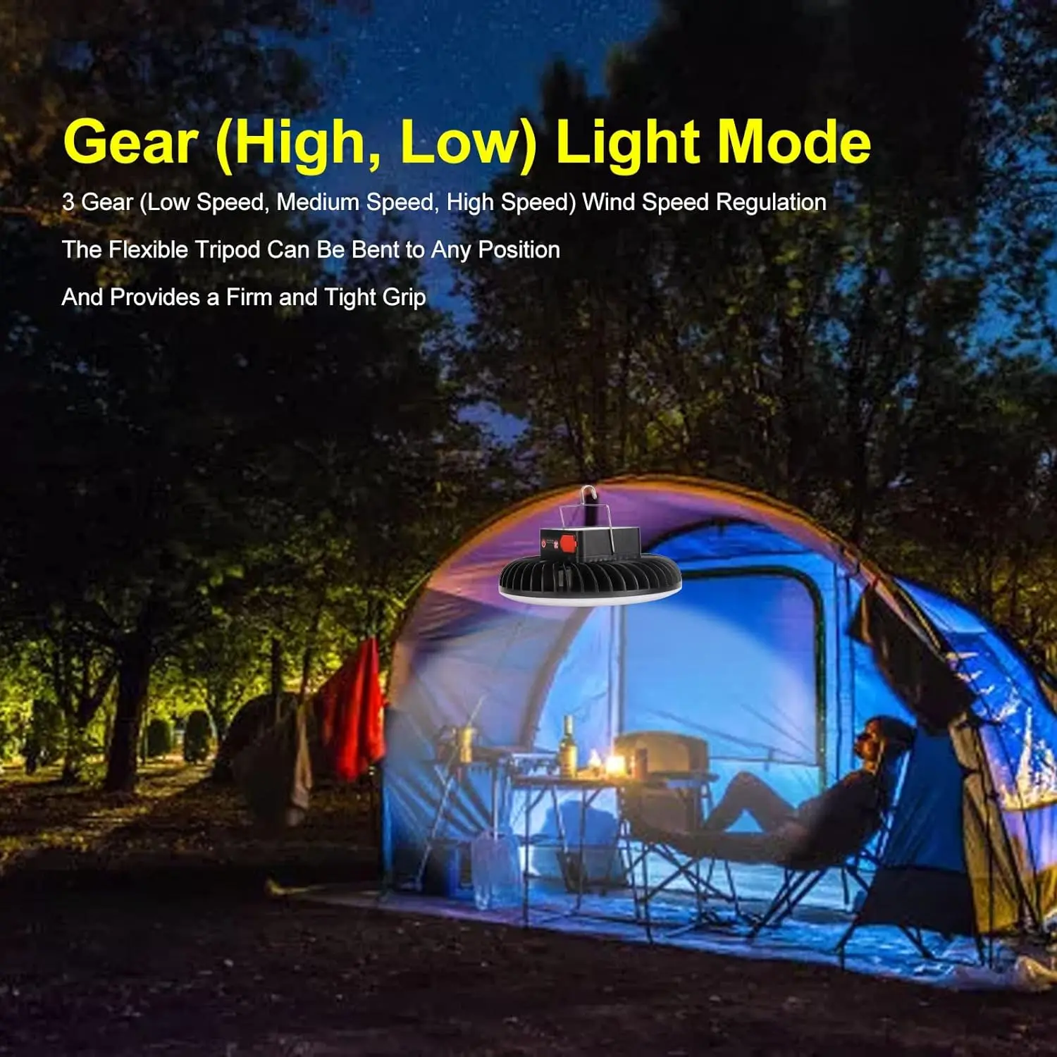 Outdoor Portable Hanging Hook Energy Tent Light 1200mAh Rechargeable USB Solar Camping Fan with LED Lamp