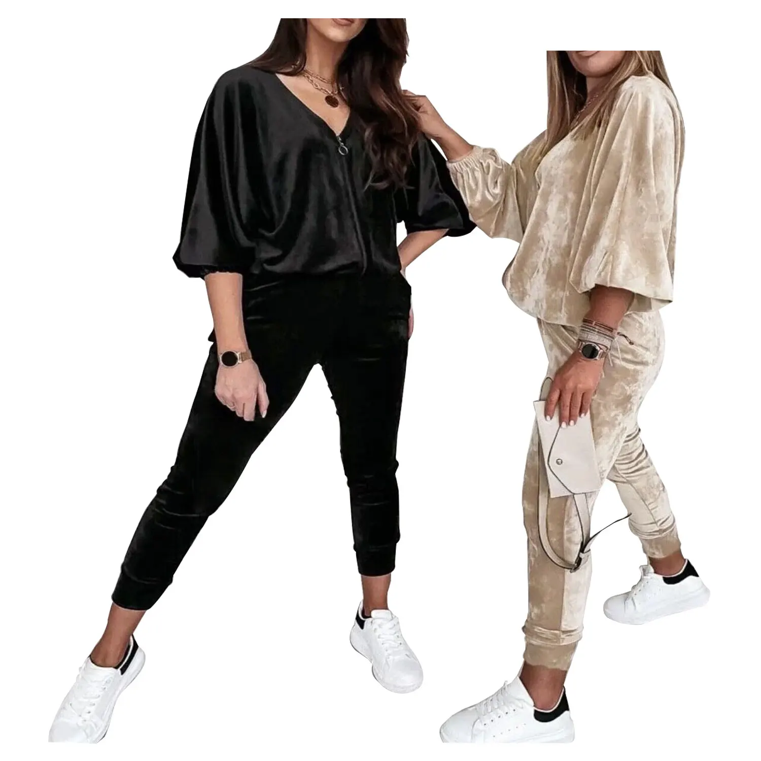 Buy Spring Lounge Wear Custom Logo Velour Two Piece Tracksuit Zip Up Sweat Suit Pants Set Velvet Women Sets